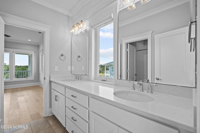 bathroom featuring ornamental molding, vanity, and hardwood / wood-style floors