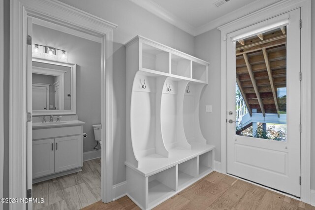 mudroom featuring light wood-type flooring, ornamental molding, and sink