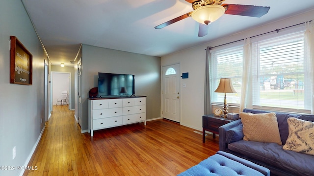 living room with wood-type flooring and ceiling fan