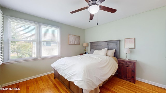 bedroom featuring ceiling fan and light wood-type flooring