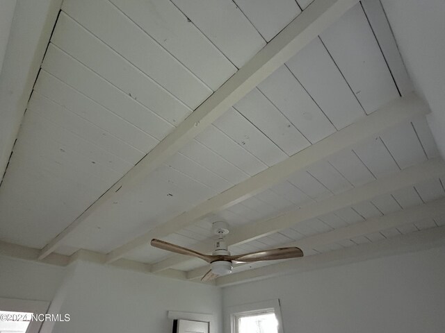 interior details with ceiling fan and beamed ceiling