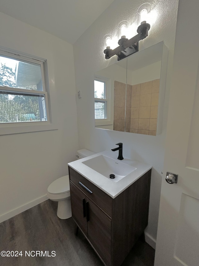 bathroom featuring baseboards, toilet, wood finished floors, and vanity