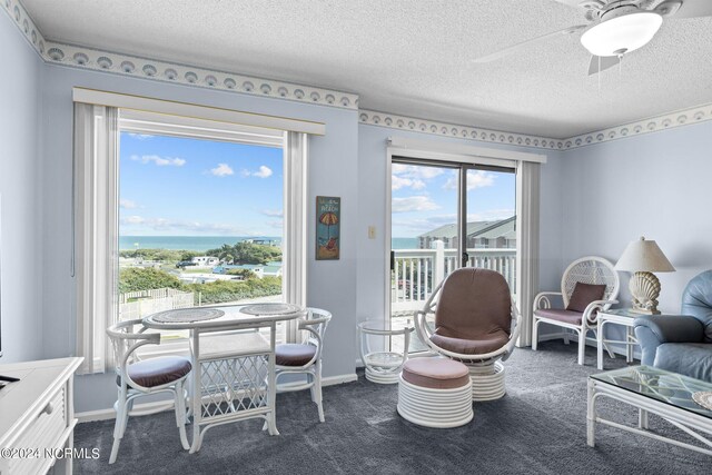 interior space with a water view, a textured ceiling, dark carpet, and ceiling fan