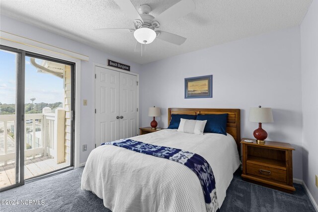 carpeted bedroom featuring a closet, ceiling fan, access to outside, and a textured ceiling