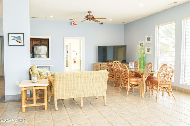 dining room featuring light tile patterned floors, visible vents, recessed lighting, and ceiling fan