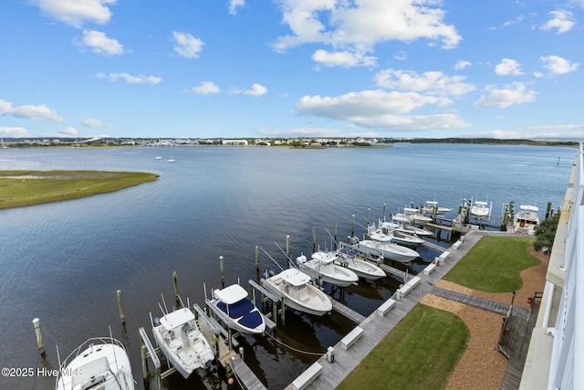 view of water feature with boat lift and a boat dock