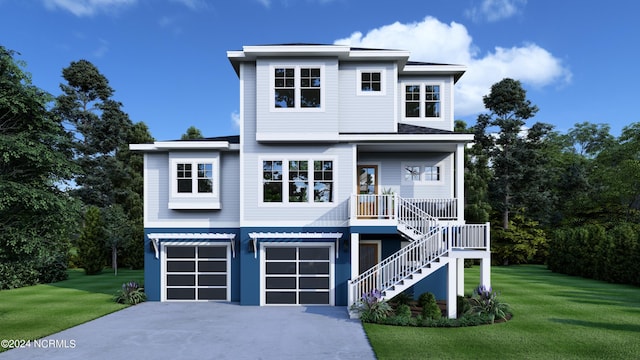 view of front of house with a porch, a garage, and a front yard