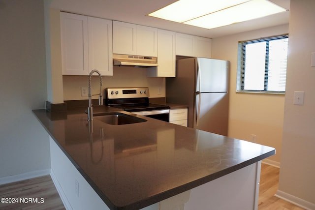 kitchen with kitchen peninsula, sink, stainless steel appliances, white cabinetry, and light wood-type flooring