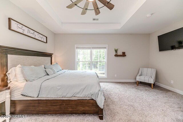 bedroom featuring carpet flooring, ceiling fan, and a raised ceiling