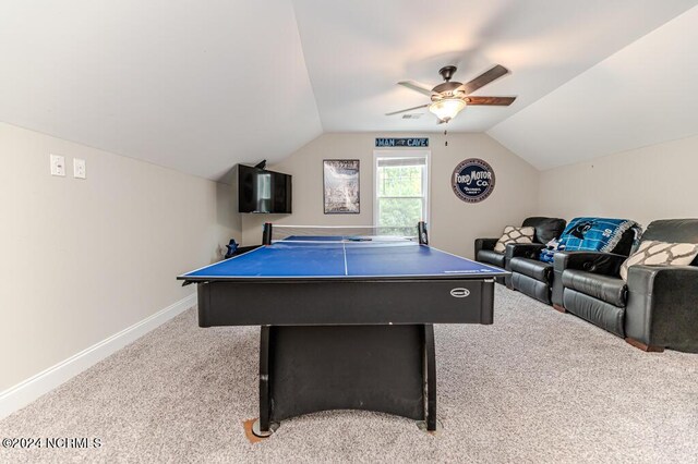 game room featuring vaulted ceiling, ceiling fan, and carpet floors