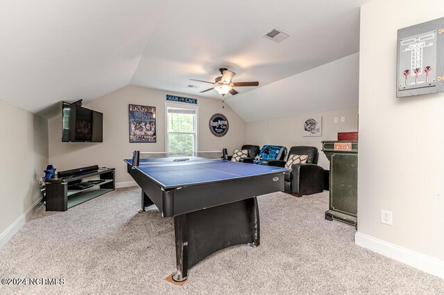 recreation room featuring ceiling fan, lofted ceiling, and carpet