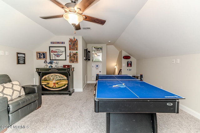 playroom featuring carpet flooring, lofted ceiling, and ceiling fan