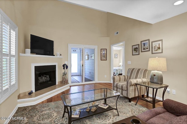 living area featuring a fireplace with raised hearth, plenty of natural light, baseboards, and wood finished floors