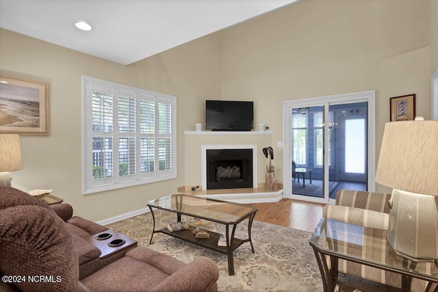 living area with baseboards, a fireplace with raised hearth, lofted ceiling, wood finished floors, and recessed lighting