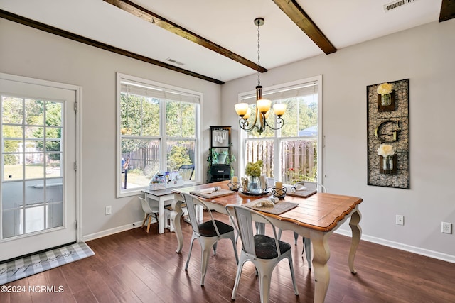 dining room with dark wood-type flooring, an inviting chandelier, and beam ceiling