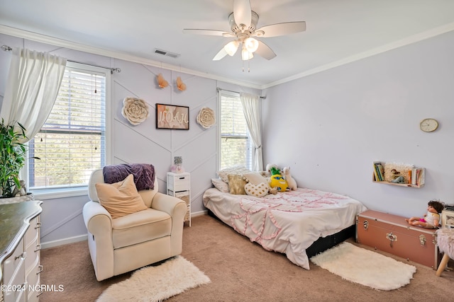 bedroom featuring ornamental molding, multiple windows, light carpet, and ceiling fan