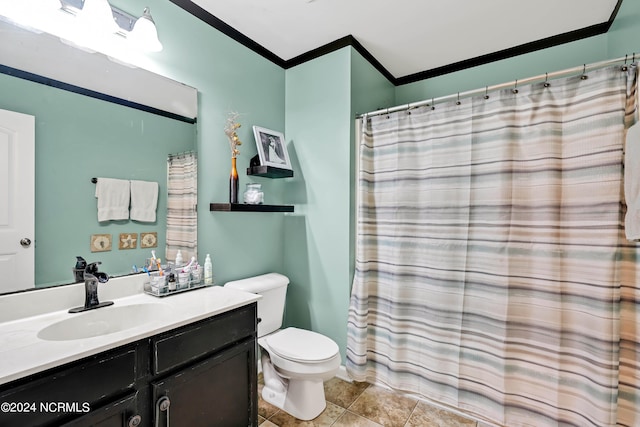 bathroom with vanity, a shower with shower curtain, crown molding, toilet, and tile patterned floors