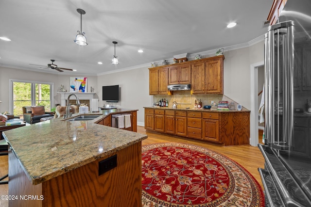 kitchen with light hardwood / wood-style flooring, ceiling fan, sink, and a kitchen island with sink