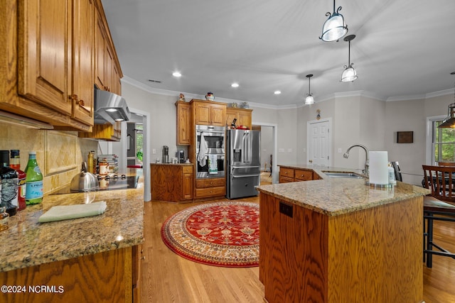 kitchen featuring decorative light fixtures, range hood, appliances with stainless steel finishes, light hardwood / wood-style floors, and sink