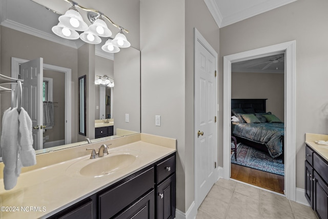 bathroom with crown molding, vanity, and wood-type flooring