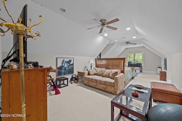 carpeted bedroom featuring lofted ceiling