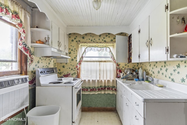 washroom with a sink, ornamental molding, plenty of natural light, and wallpapered walls