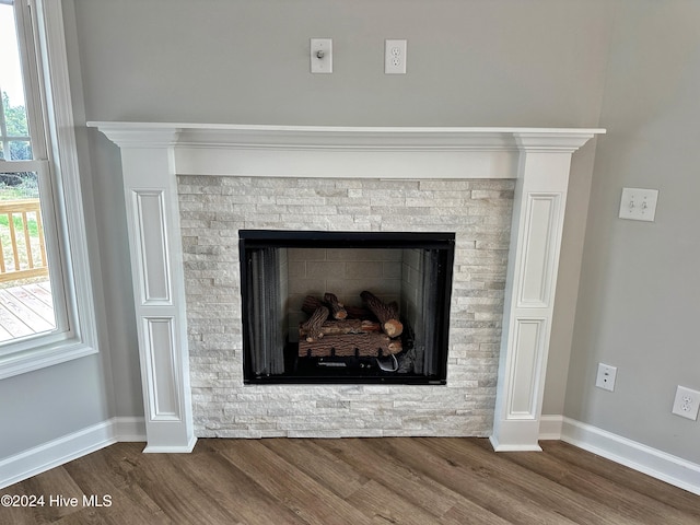 details with hardwood / wood-style flooring and a stone fireplace