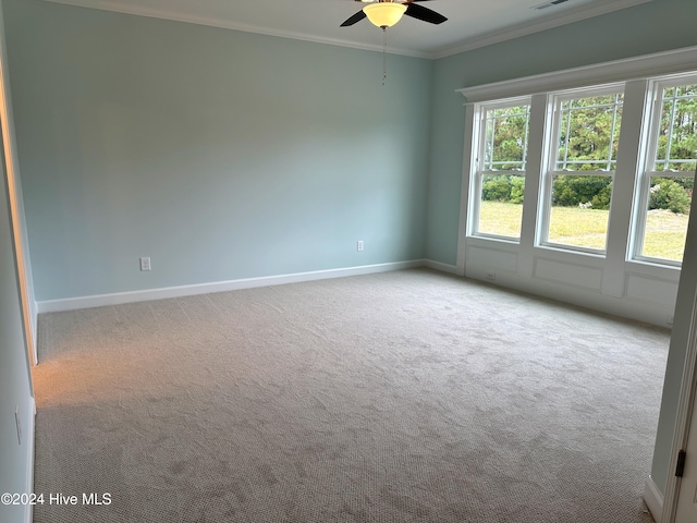 carpeted spare room with ceiling fan and ornamental molding