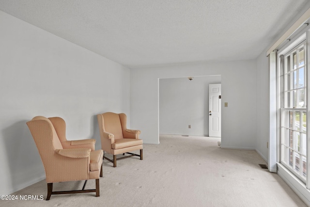 living area with a textured ceiling and carpet flooring