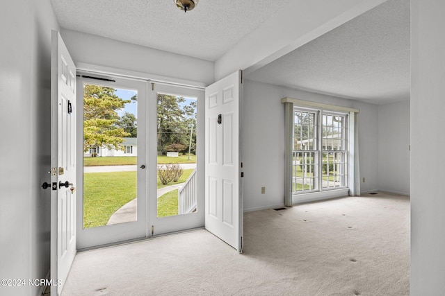 doorway to outside with plenty of natural light and light colored carpet