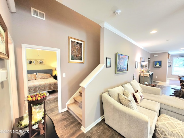 living room featuring crown molding and dark hardwood / wood-style floors