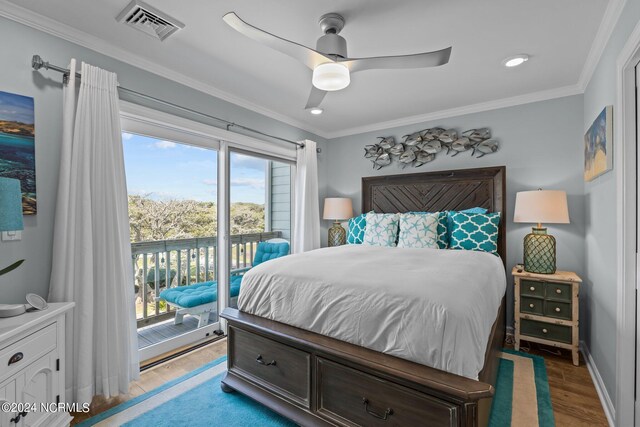 bedroom featuring ornamental molding, hardwood / wood-style floors, access to exterior, and ceiling fan