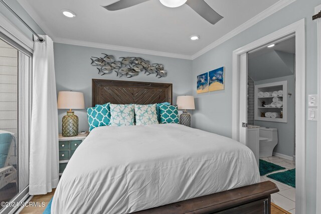 tiled bedroom featuring ceiling fan, ensuite bathroom, and crown molding