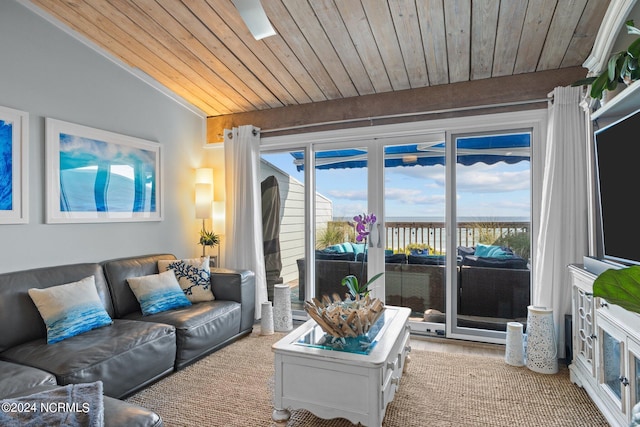 living room featuring wood ceiling, lofted ceiling, and light hardwood / wood-style flooring