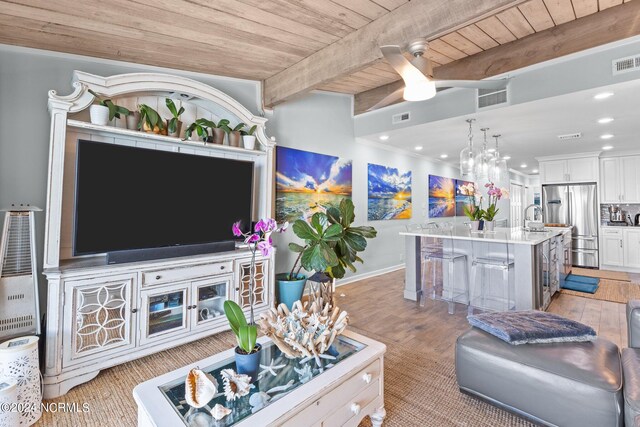 living room featuring sink, wooden ceiling, beam ceiling, and light hardwood / wood-style floors