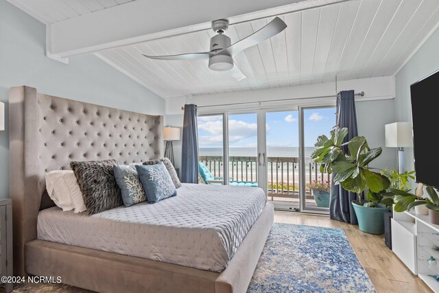 bedroom featuring access to outside, ceiling fan, vaulted ceiling with beams, wood ceiling, and light hardwood / wood-style floors