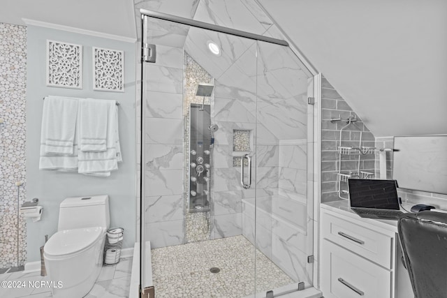 bathroom with toilet, walk in shower, and lofted ceiling