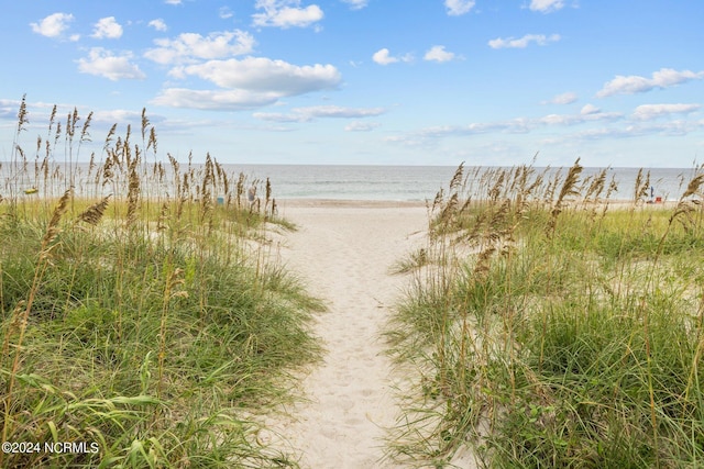 view of water feature with a beach view