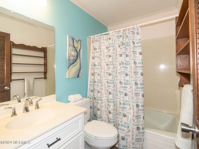 full bathroom featuring shower / bath combination with curtain, vanity, toilet, and crown molding