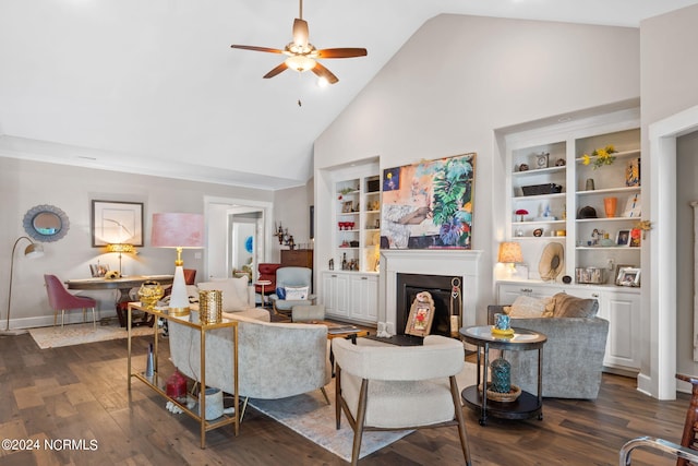 living room with dark wood-type flooring, high vaulted ceiling, and ceiling fan