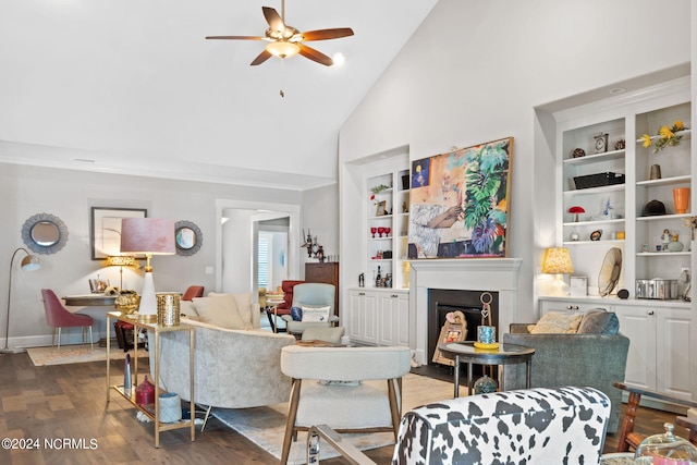 living room with ceiling fan, high vaulted ceiling, and dark hardwood / wood-style flooring