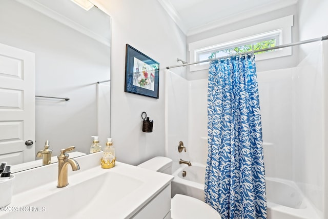 full bathroom with ornamental molding, vanity, toilet, and shower / bath combo