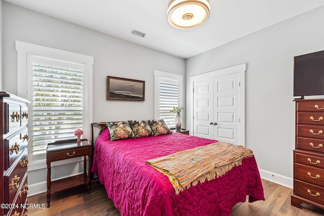 bedroom featuring wood-type flooring and a closet