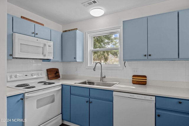 kitchen featuring blue cabinetry, white appliances, backsplash, and sink