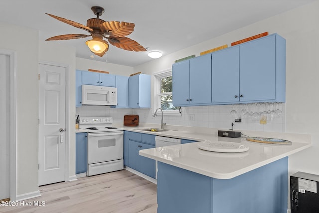 kitchen with white appliances, sink, ceiling fan, blue cabinetry, and kitchen peninsula