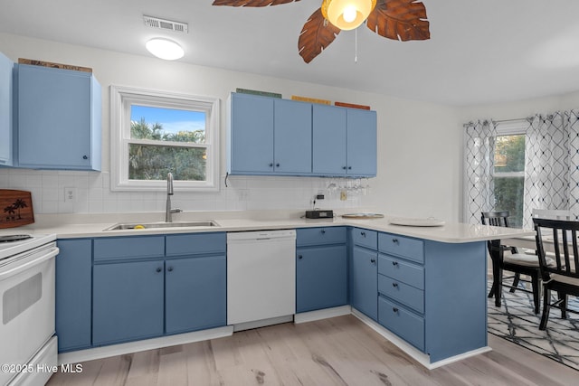 kitchen with ceiling fan, sink, blue cabinets, kitchen peninsula, and white appliances