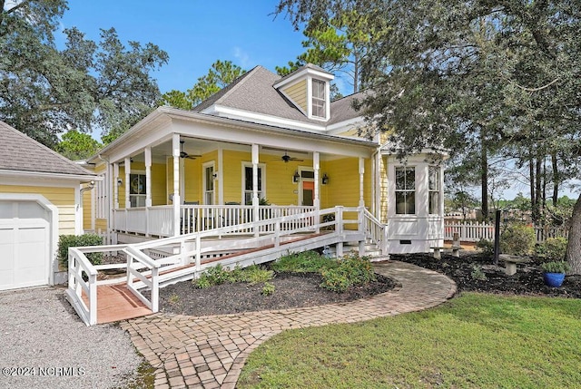 view of front of home with a porch and ceiling fan