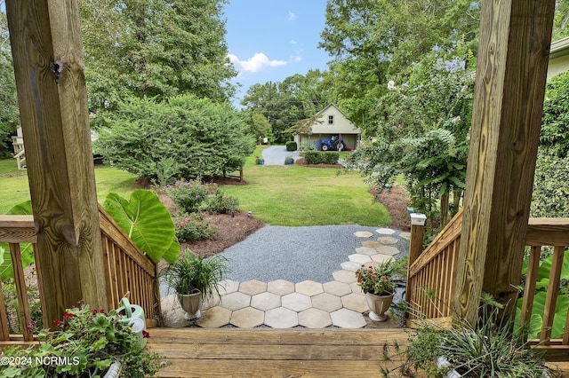 view of yard with a wooden deck and a patio area