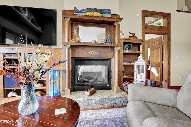 living area with a fireplace