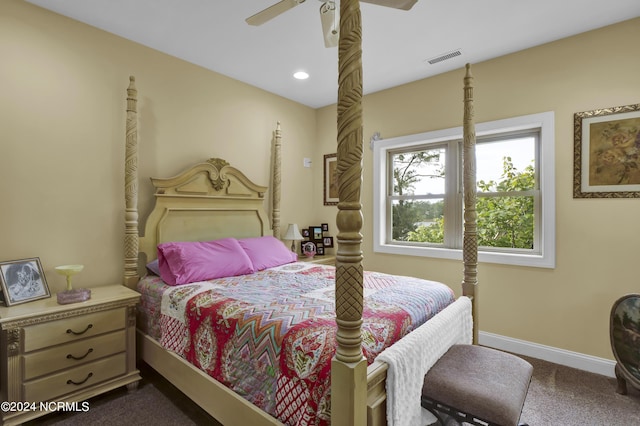 bedroom featuring visible vents, baseboards, dark carpet, recessed lighting, and a ceiling fan